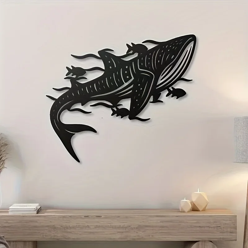 CIFBUY 1pc Whale Shark Metal Wall Art Coastal Ocean Theme Decor Hanging Sculpture, Laser Cut 2D Flat Silhouette, Powder-Coated