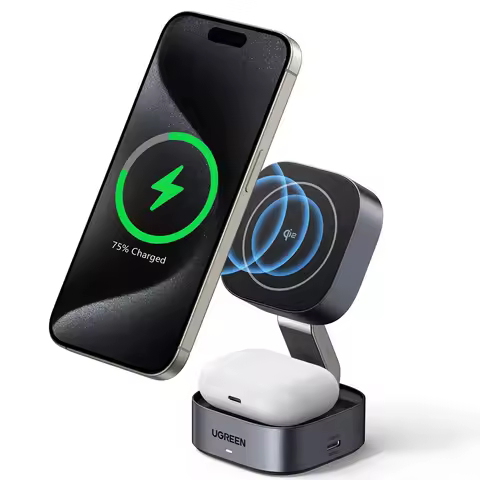 Suporte de Carregamento Magnético Sem Fio UGREEN Qi2/Qi 15W 2-em-1 para iPhone 16 17 Pro Max/AirPods Carregador Rápido MagSafe