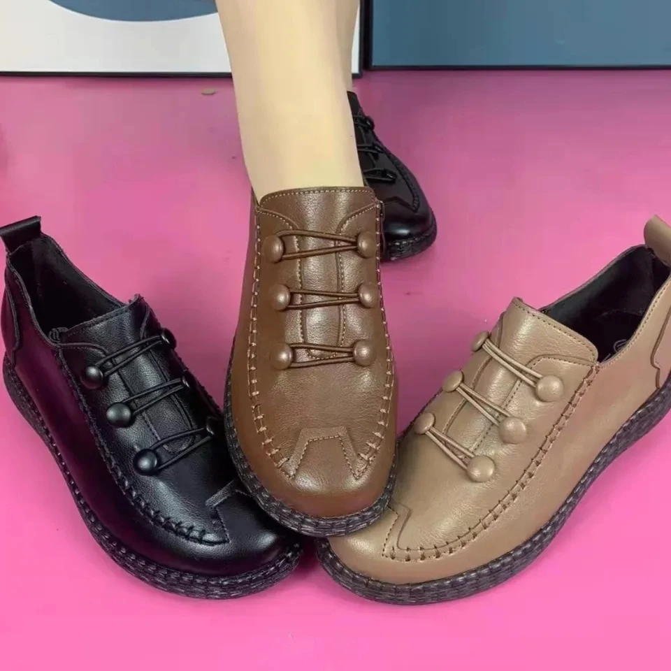 Female leisure artificial leather flats spring fashion casual mom shoes Precision stitching women's sneakers