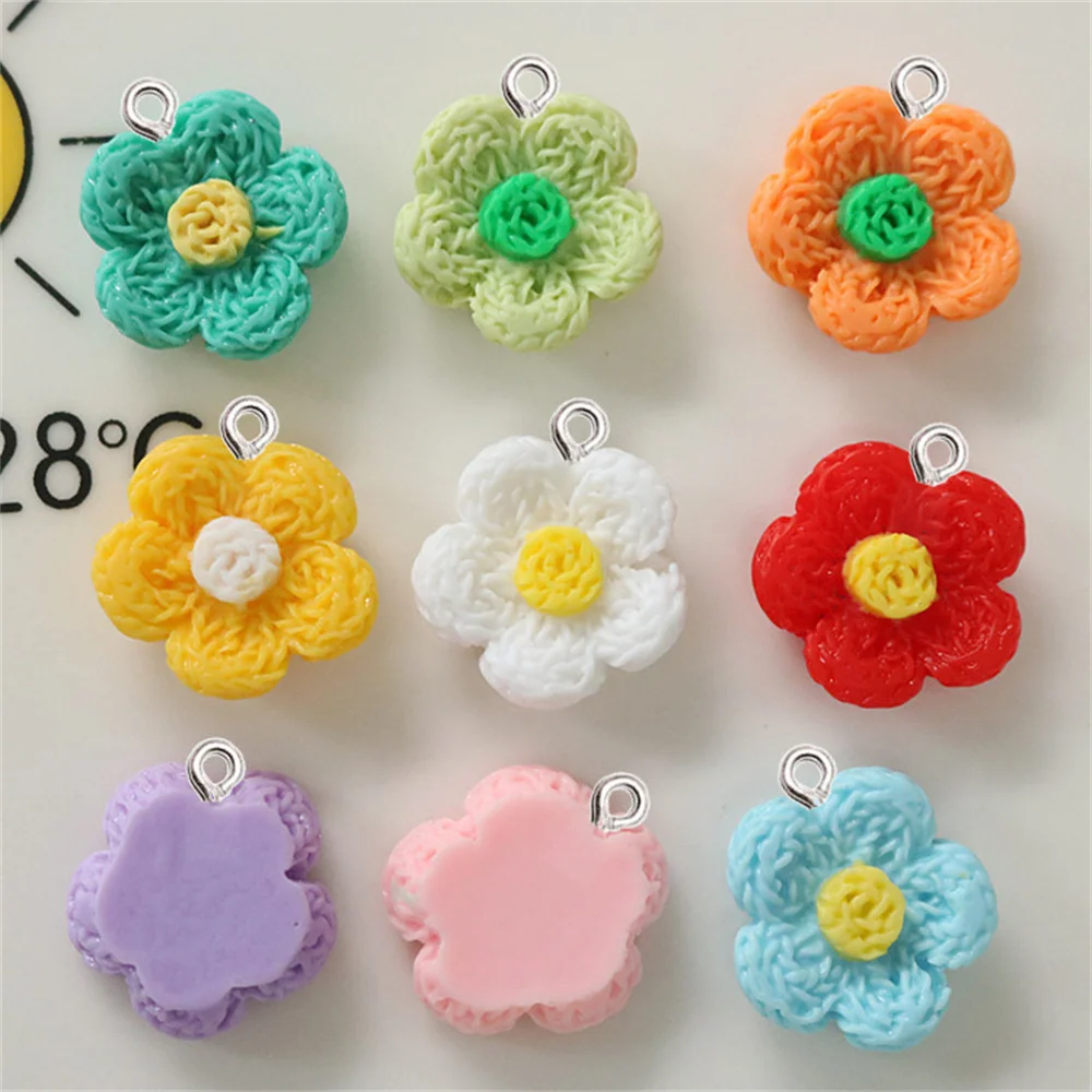 10Pcs Colorful Weave Wool Flowers Resin Charms DIY Fashion Jewelry Making Accessory Earring Bracelet Necklace Key Chain Pendants