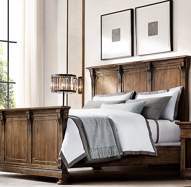 Vecchia camera doppia americana retrò in legno massello inciso con letto in legno da 1,5 * 1,8 metri