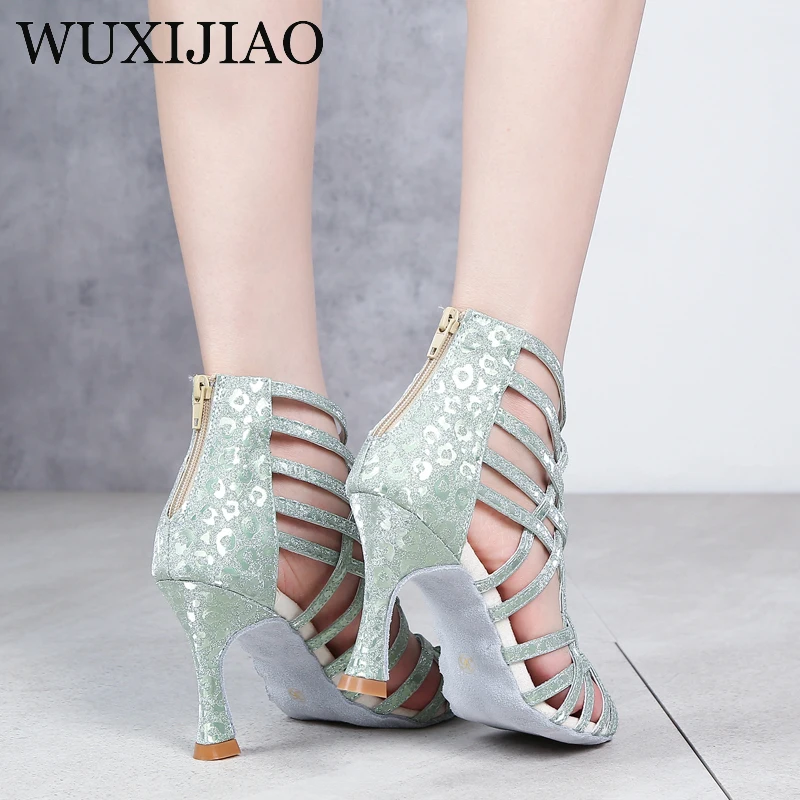 WUXIJIAO-Botas de baile latino para mujer, zapatos de baile de salón de caña alta, suelas suaves, zapatos de baile de Tango/Salsa, tacones altos de 5-10CM