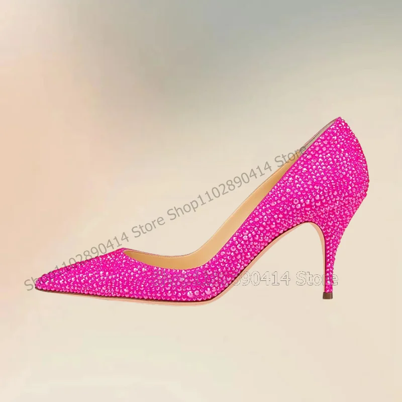 Rose Red Rhinestone Decor Shallow Pointed Toe Pumps Slip On Women Shoes Thin High Heels Fashion Party 2024 Zapatos Para Mujere