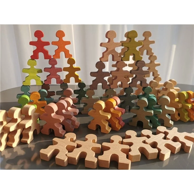 Rainbow Wooden Toys Stacking Men Building Set Weightliftin Peg Dolls for Kids Educational Play