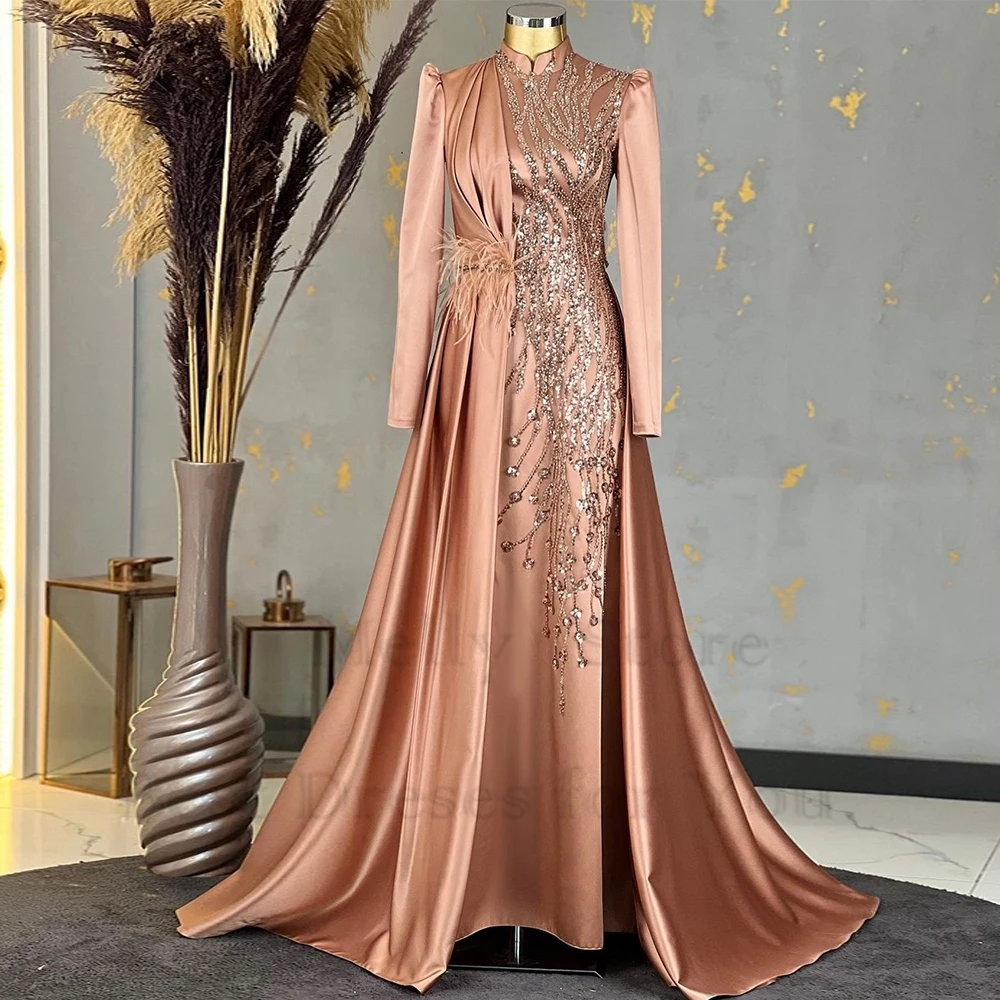 Charming Stretch Satin Full Sleeve Evening Dresses for Women Sequind Beading Feather Prom Gowns Court Train Real Picture 2023