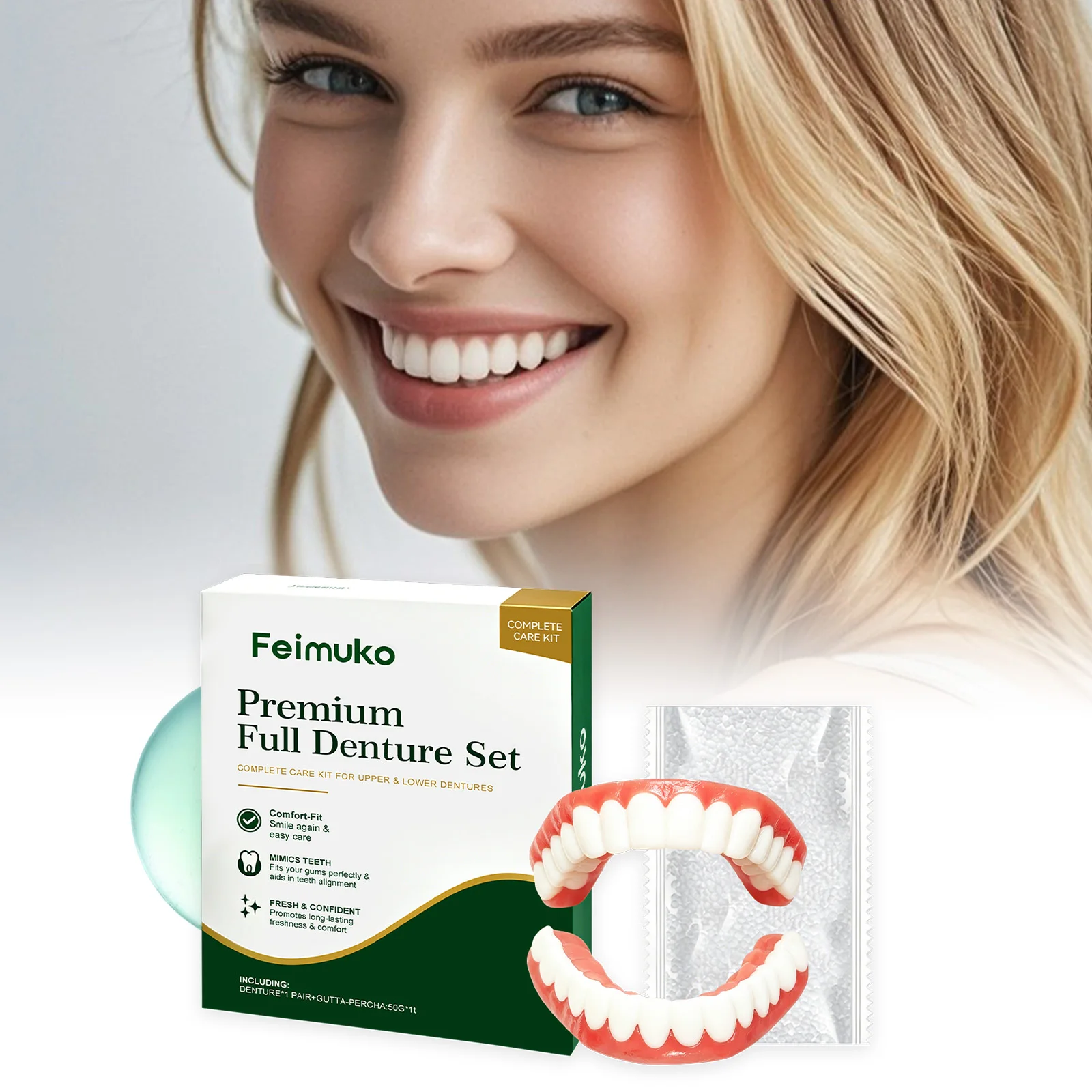 Feimuko Natural Fit Complete Denture Set - Resin Material Oral Care Kit for Daily Hygiene Easy to Apply Gentle on Teeth