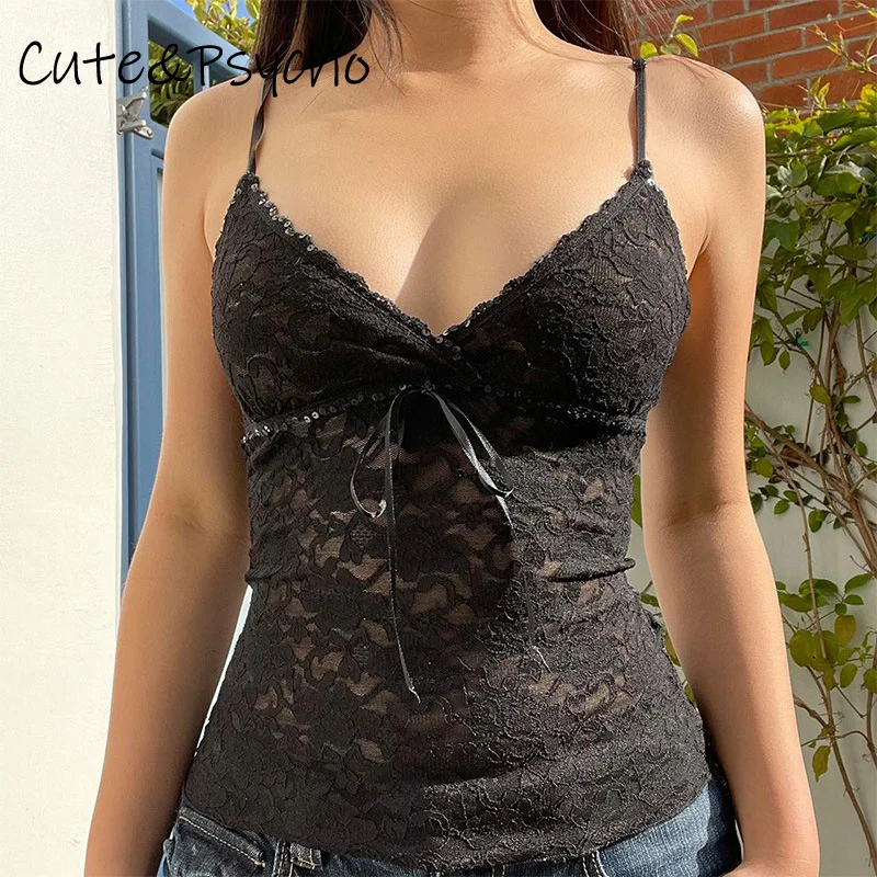 Cuteandpsycho See-through Black Lace Camis Spaghetti Strap Y2K Chic Backless Women's Outfits V-neck Vintage Aesthetic 90s Cloth