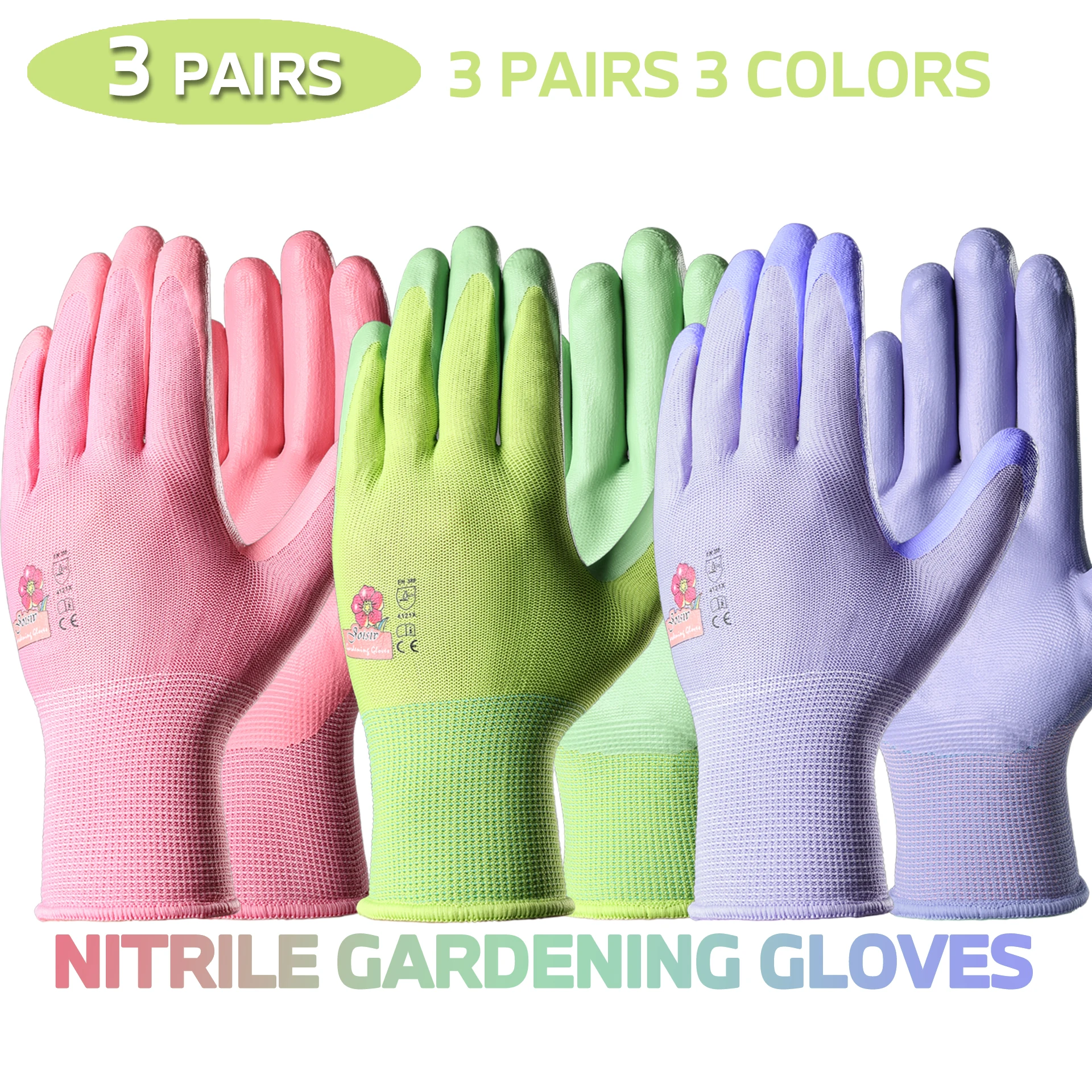 3 Pairs Women\'s Colorful Gardening Gloves, Nitrile Foam, for Digging, Planting, Weeding - Nail & Finger Protection, Unisex