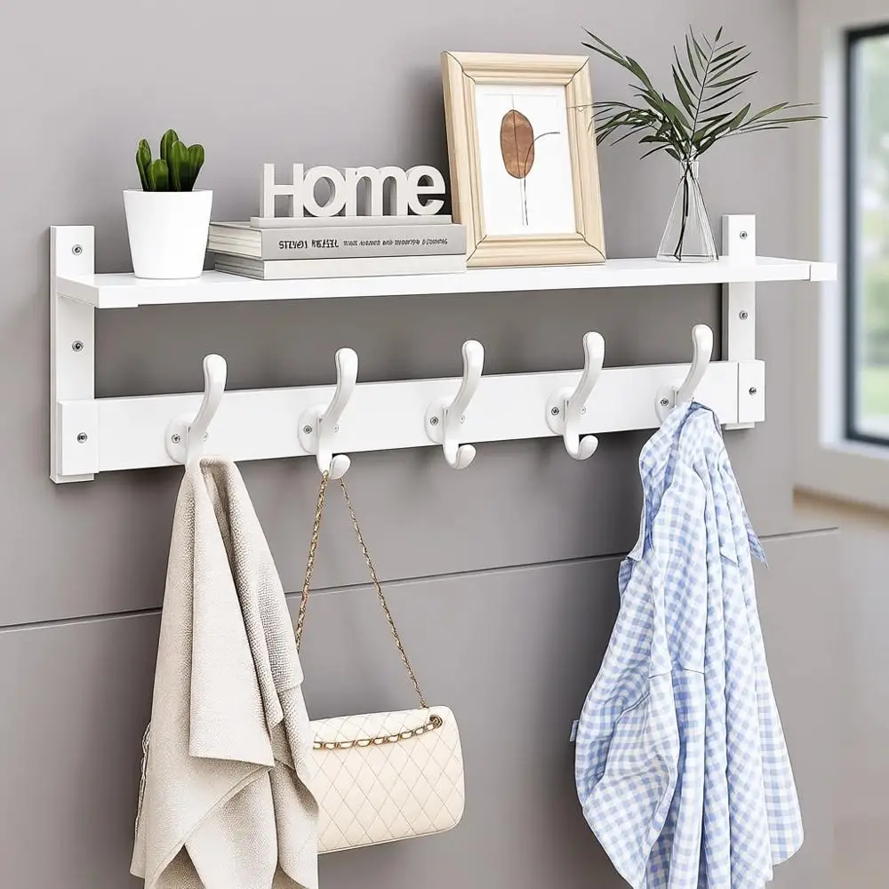 

Белая деревянная вешалка для прихожей с 29 крючками и плавающей полкой