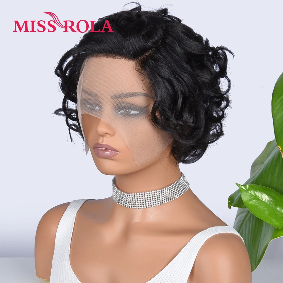 Miss Rola Romance Weave Short Wigs Lace Part Human Hair Wigs Remy Side Part Hair Curly Wigs Pre Plucked 180% Density