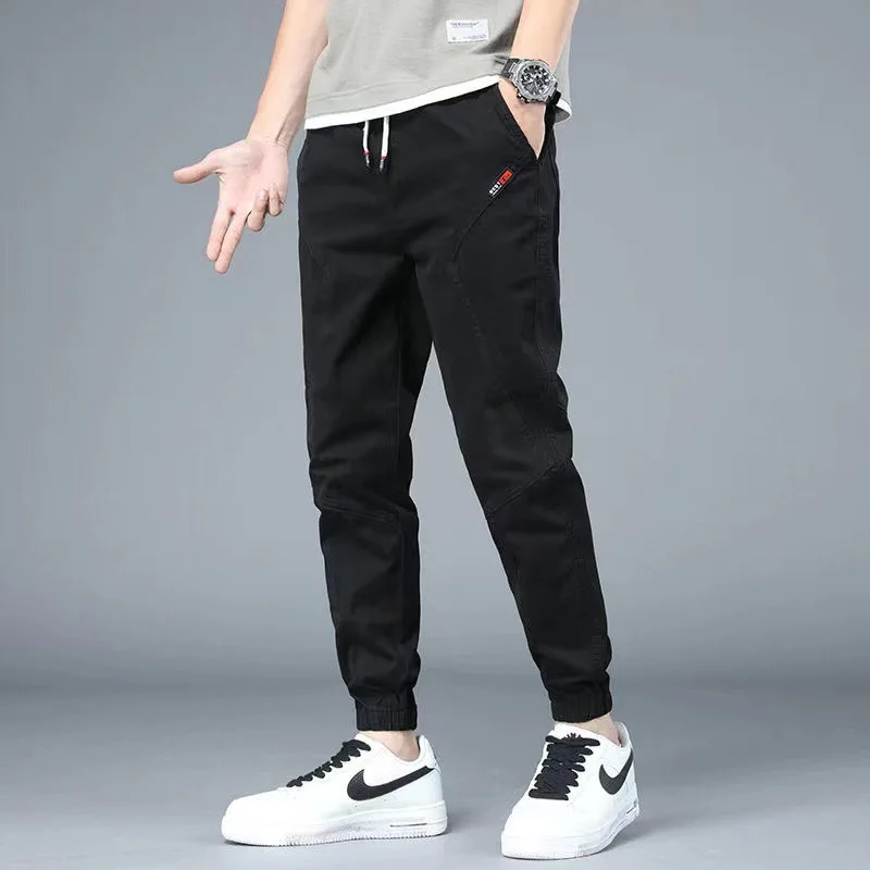 Fashion Minimalist Summer Men's Solid Color Patchwork Pockets Printed Drawstring High Waisted Loose Straight Casual Harlan Pants