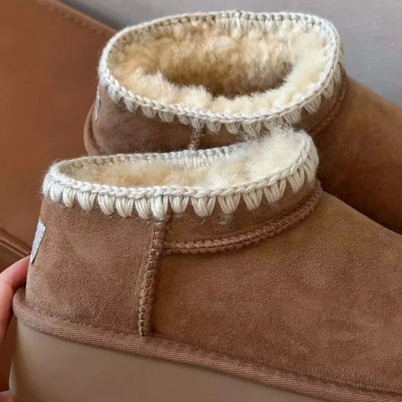 Winter new spliced fur integrated snow boots for women, thick soled and plush warm short boots, hairy cotton boots
