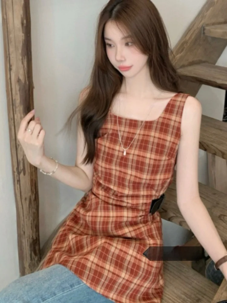 

Американский ретро-жилет в клетку с цветными блоками, женский, зимний, с асимметричным дизайном, утягивающий талию, стройнящий, миди-топ, модный