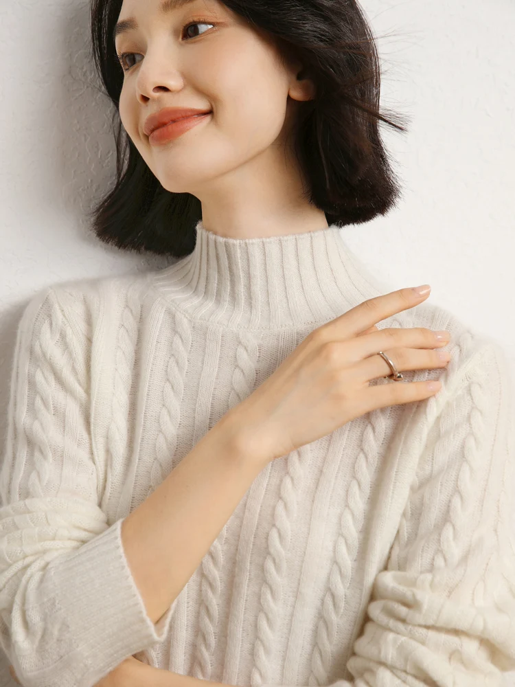 

Mock Neck Long Sleeve Women 100% Cashmere Sweater Cable Knitting High Elastic Pullover Shirt Autumn Winter Thick Warm Soft Top