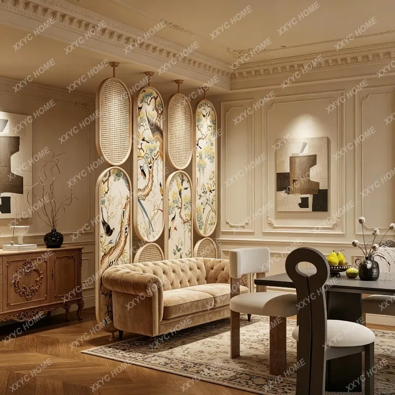XX Solid Wood Screen Partition Living Room Decoration Oval Floral and Bird Pattern Rattan Woven into the Door, Rotatable