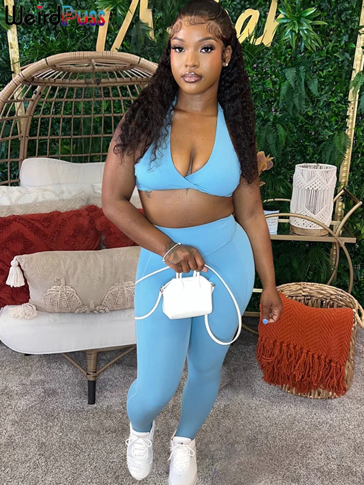 Aneh Puss setelan olahraga wanita, jaket lengan panjang ritsleting + tren Bar Halter Solid seksi 3 potong kasual Sporty + celana olahraga kurus