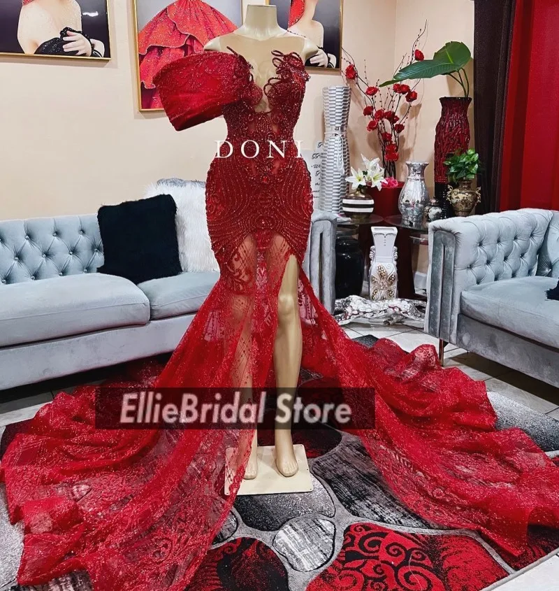 

Роскошные кристально-красные платья для выпускного вечера Black Girls 2025 Rhinestone Mermaid vestidos de graduación Long Party Gala Dress по индивидуальному заказу