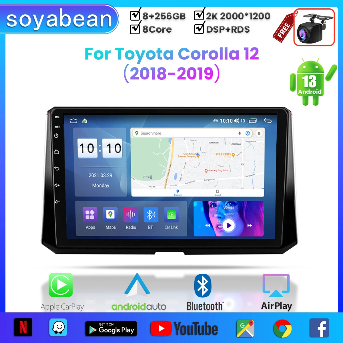 

Автомобильный радиоприемник Android 13 для Toyota Corolla 12 2018-2019,10 дюймов мультимедийный плеер с 4G WiFi Carplay и 2Din GPS