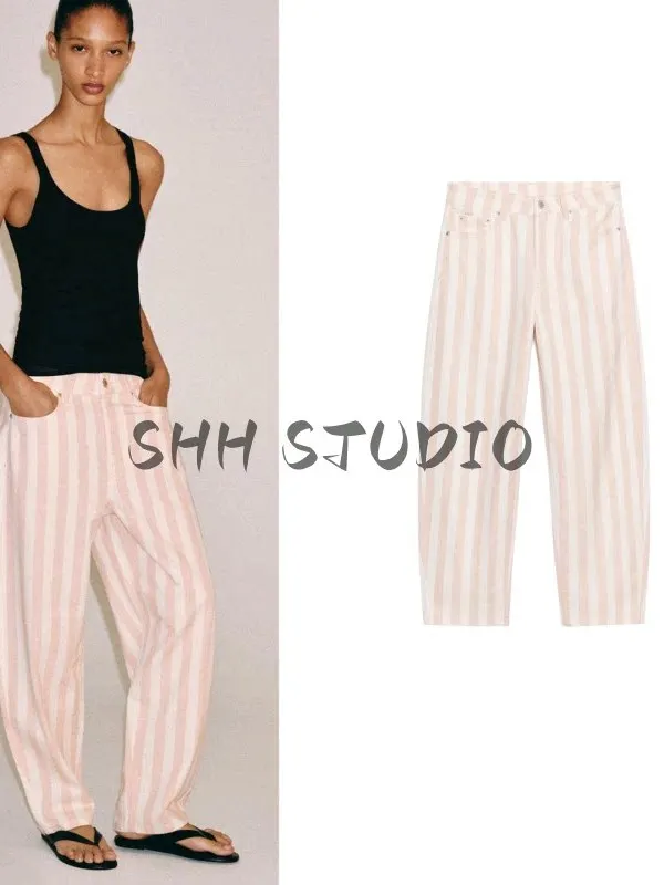Women's Commuter Style Zipper Stripe Color Block mid Waist Cone Shaped Jeans Casual Summer Fashion Ladies High Waist Jeans