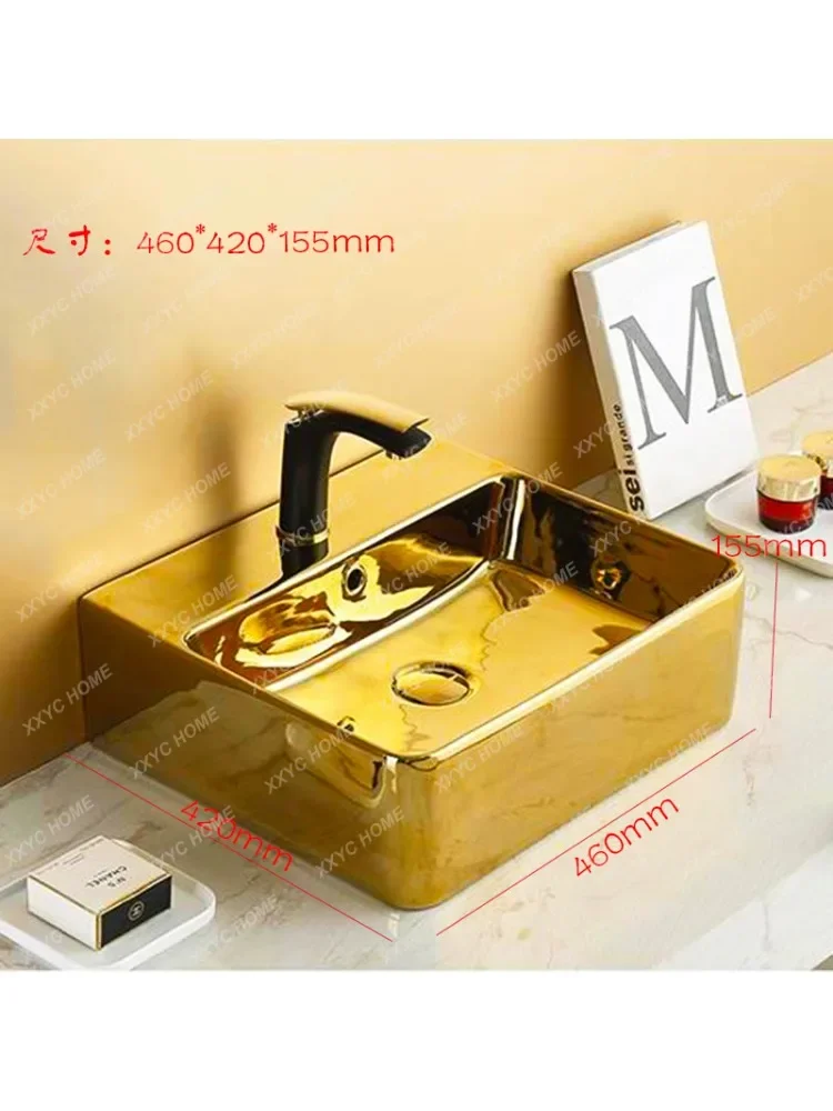 Golden Square Table Basin Home Bathroom Balcony Wash Basin Hotel Club Wash Basin Ceramic Art European Style