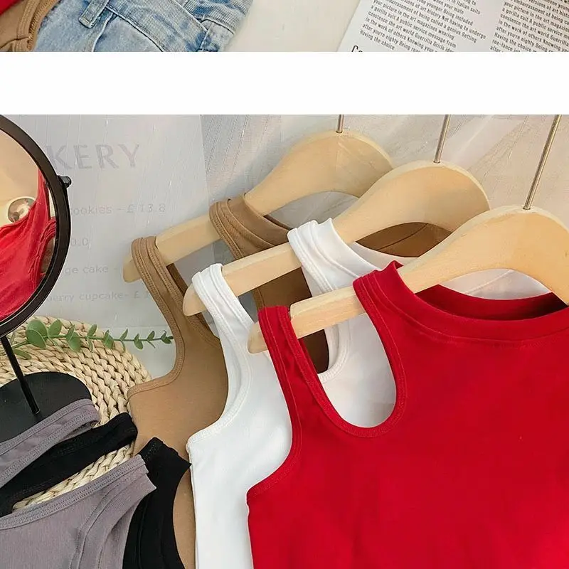 Girls Summer 25 New Personalized Off Shoulder Tank Top Versatile Solid Color Pure Cotton Top