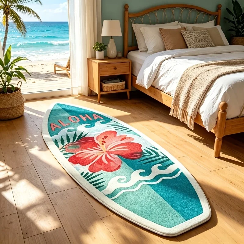 Hawaiian Hibiscus Surfboard Shaped Rug American Retro Hallway Living Room Plush Floor Mat Soft Fluffy Rug for Bedroom Bedside