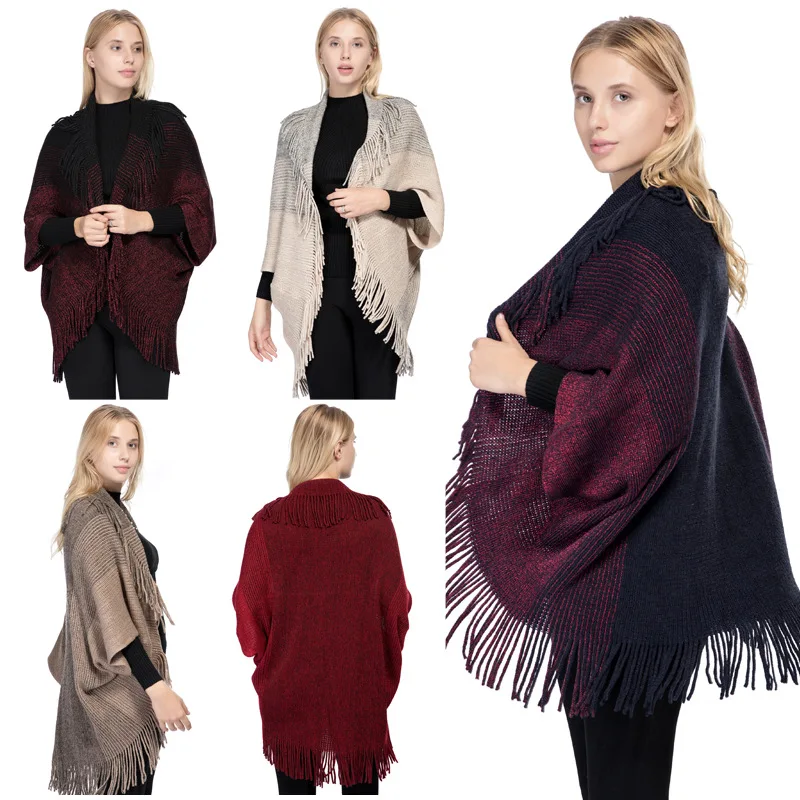 

5 Colors Female Batwing Sleeves Vintage Tassel Long Sweater Women Oversize Knitwear Winter Knits Loose Striped Poncho Shawl