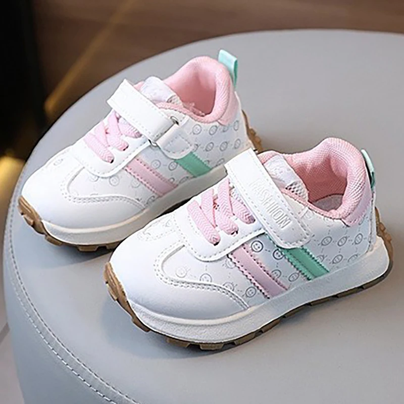 Korean Style Children's Sport Shoes PU Leather Waterproof Girl's Running Shoes Ergonomics Soft-soled Tennis Sneakers For Kids