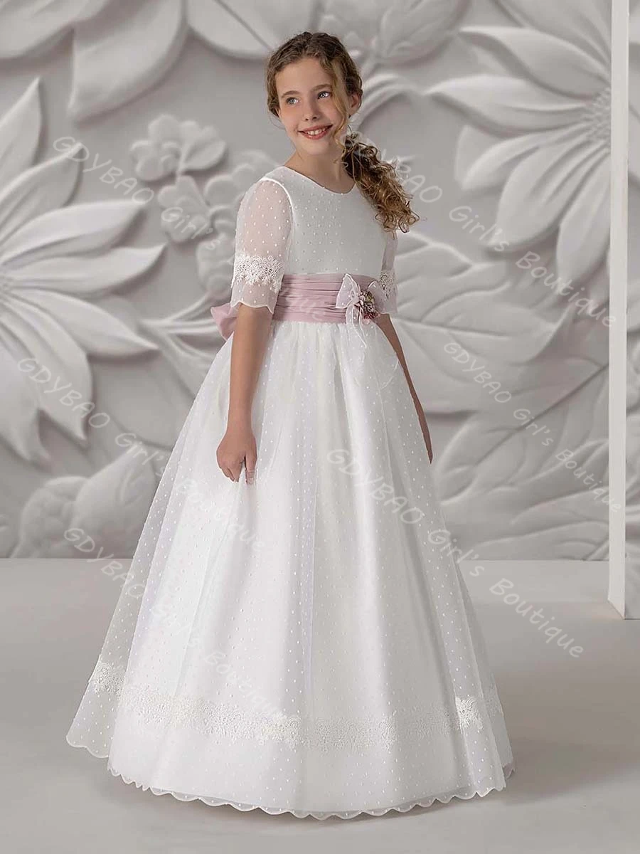 Vestido elegante de encaje para primera comunión para niña, vestido de niña de flores de media manga con cuello redondo y fajas, vestido de fiesta de cumpleaños personalizado
