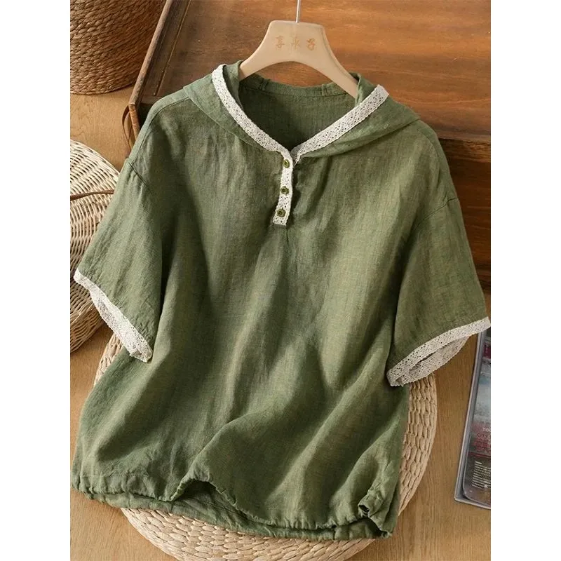

Women's Vintage Lace Trim Linen Blend Hooded Shirt Loose Casual Summer Top