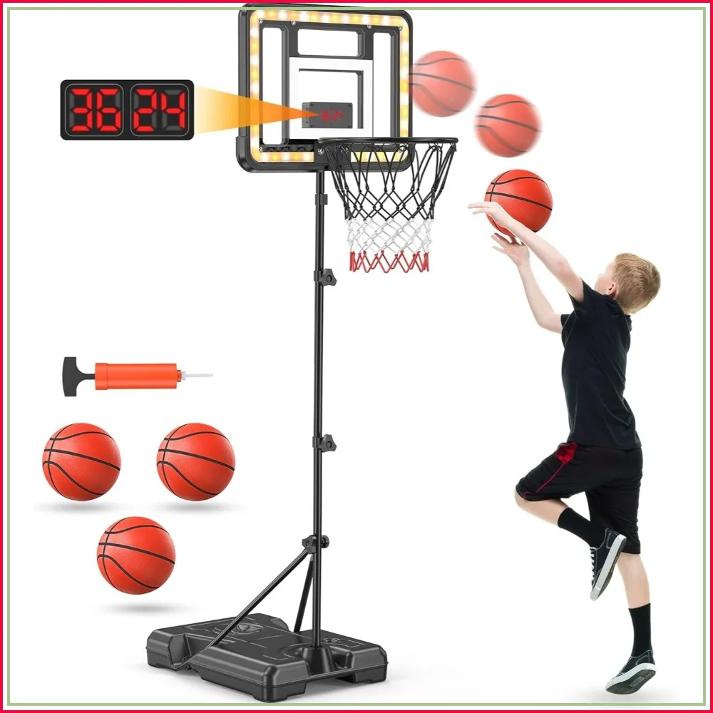 

Adjustable Kids Basketball Hoop with Scoreboard & Timer, Indoor Outdoor Toy for Ages 3+