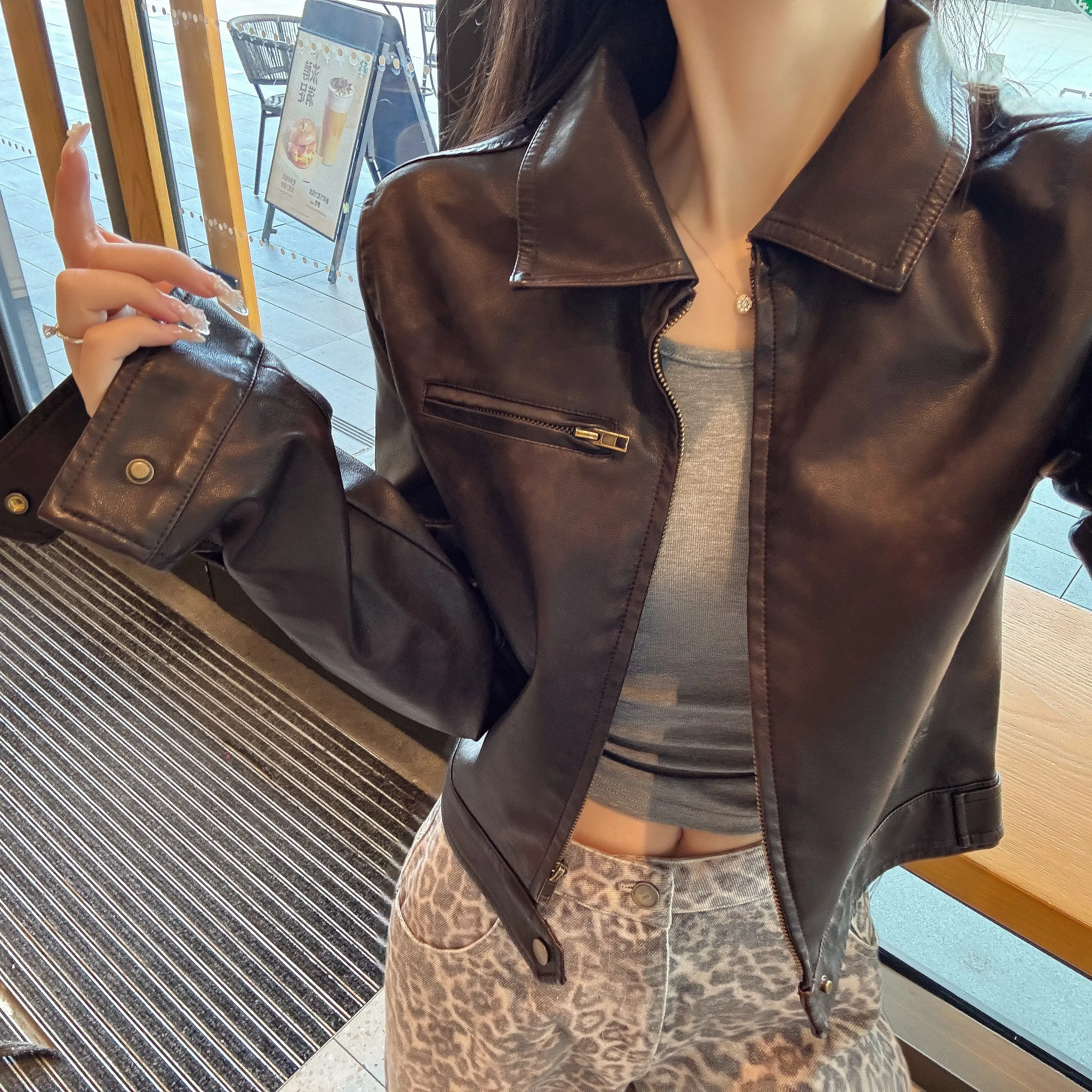 2025 COOL Women Autumn PU Leather Jacket American Retro Full Sleeve Zip Up Coat Vintage Coffee Short Outerwear