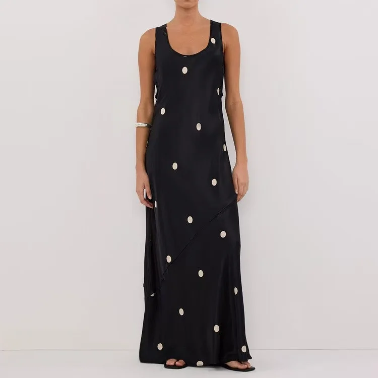 

Faionable round Ne Svel Printed Dr Long A-Line Skirt Sle Women's Daily Wear Midi Dr Polka Dot Pattern