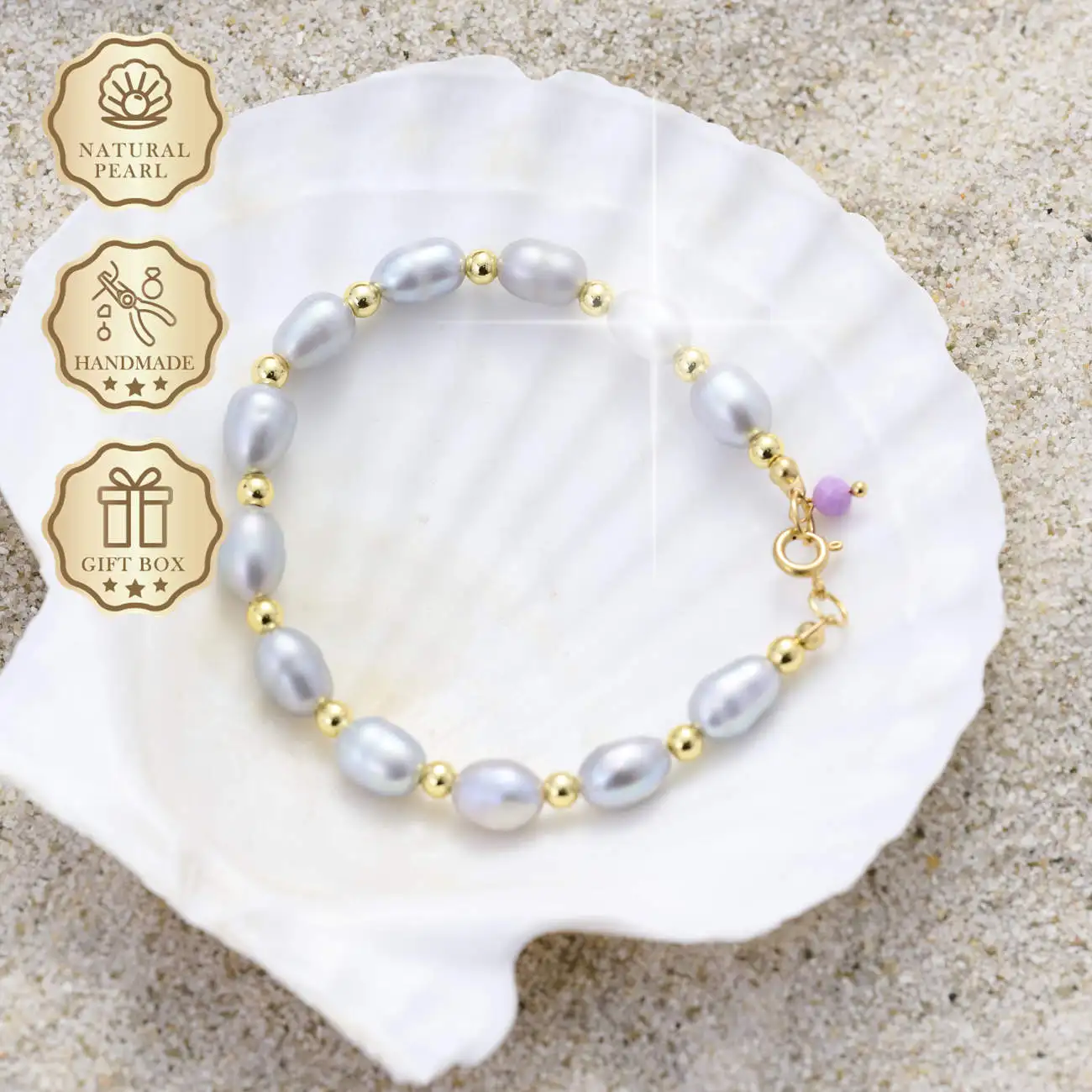 

MYSOYA Gray Rice Freshwater Pearl Bracelet 7–8mm with Gold Beads & Bubble Clasp, Gift Box, Birthday & Anniversary Gift