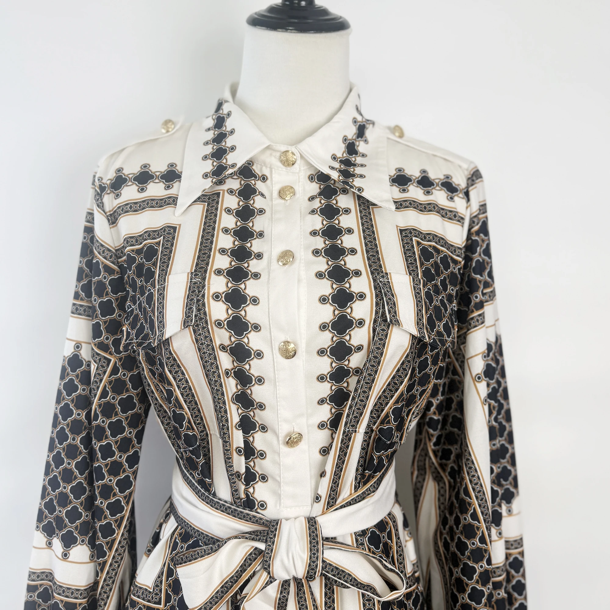  Bla Geometric Print Silk Scarf Dr irt Skirt High-End Autumn New Sle Printed Midi Dr with Lantern Sves