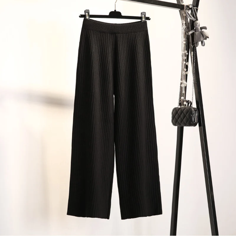 

Autumn Winter Korean Office Lady Elegant Wide Leg Pants Stretch Drawstring Straight Pant Women's Thicken Warm Knitted Trousers
