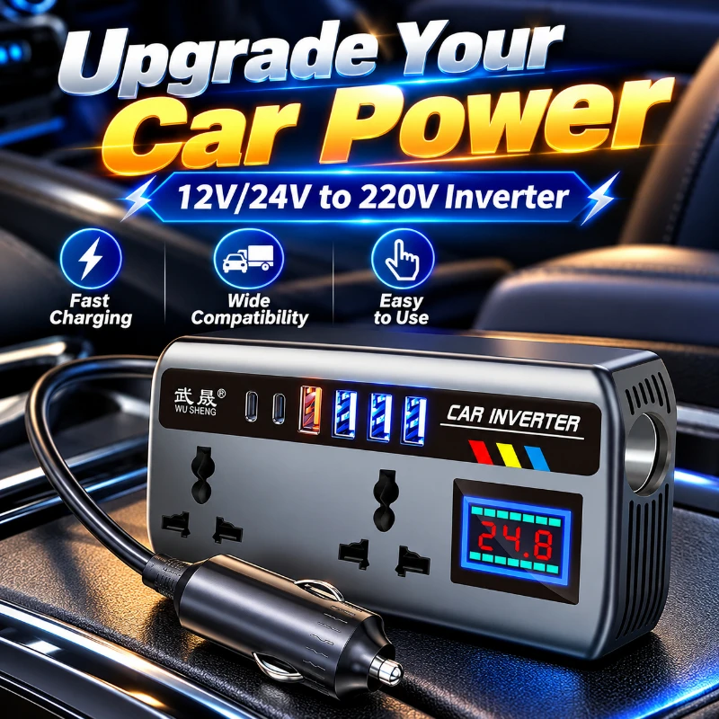 200W Car Power Inverter DC 12V 24V To AC 220V Voltage Converter QC3.0 USB Type C Fast Charger Cigarette Lighter Socket