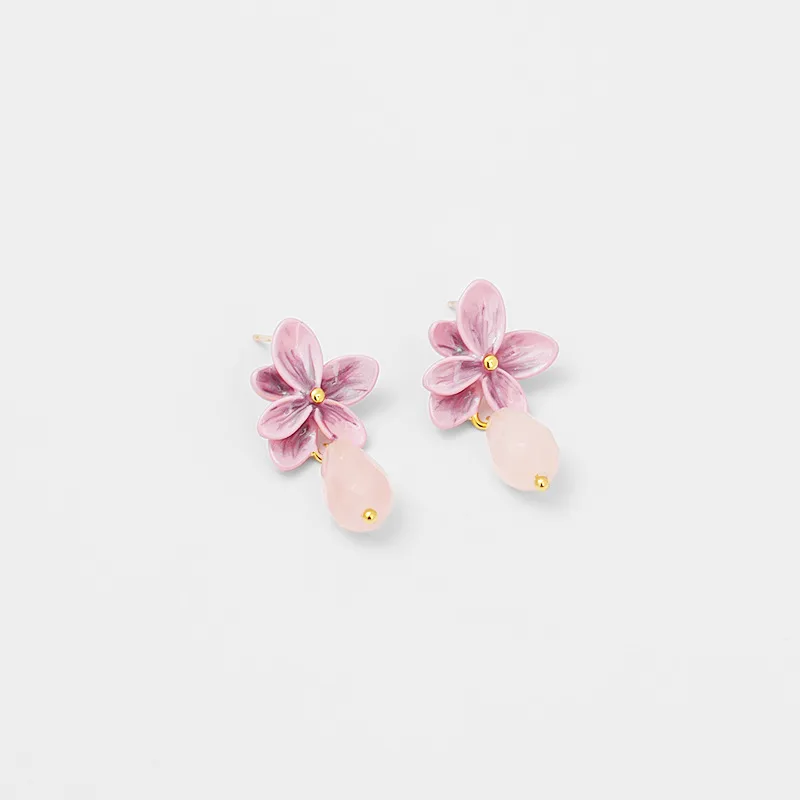 Pink Flower Ear Studs Elegant Vintage Neo-Chinese Style Water Drop Earrings For Women Pearl Jewellry