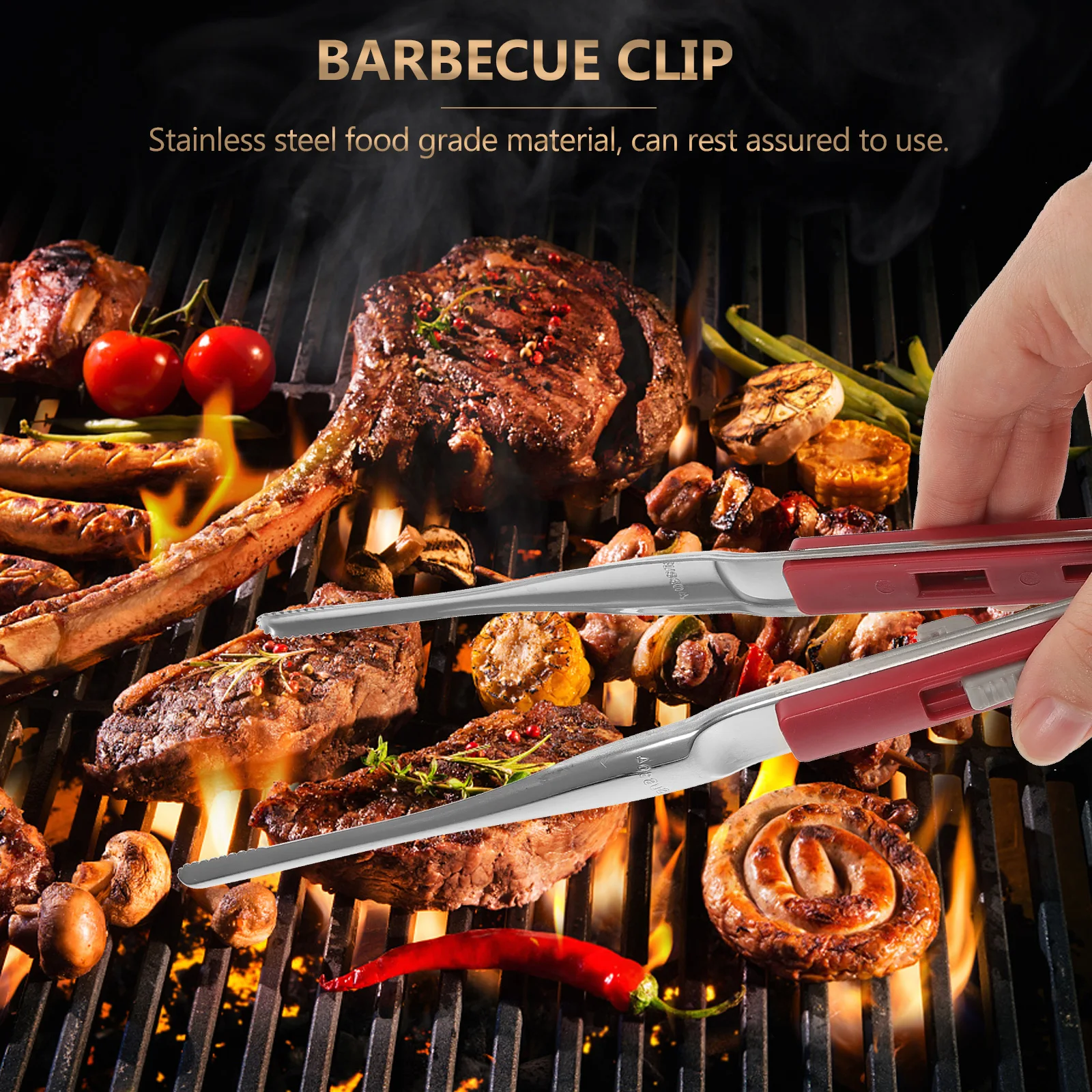 

Stainless Steel Serrated Clip Bbq Grill Tongs Red Cooking Tweezers Kitchen Outdoor Tools Lightweight Practical Food Tong Storage