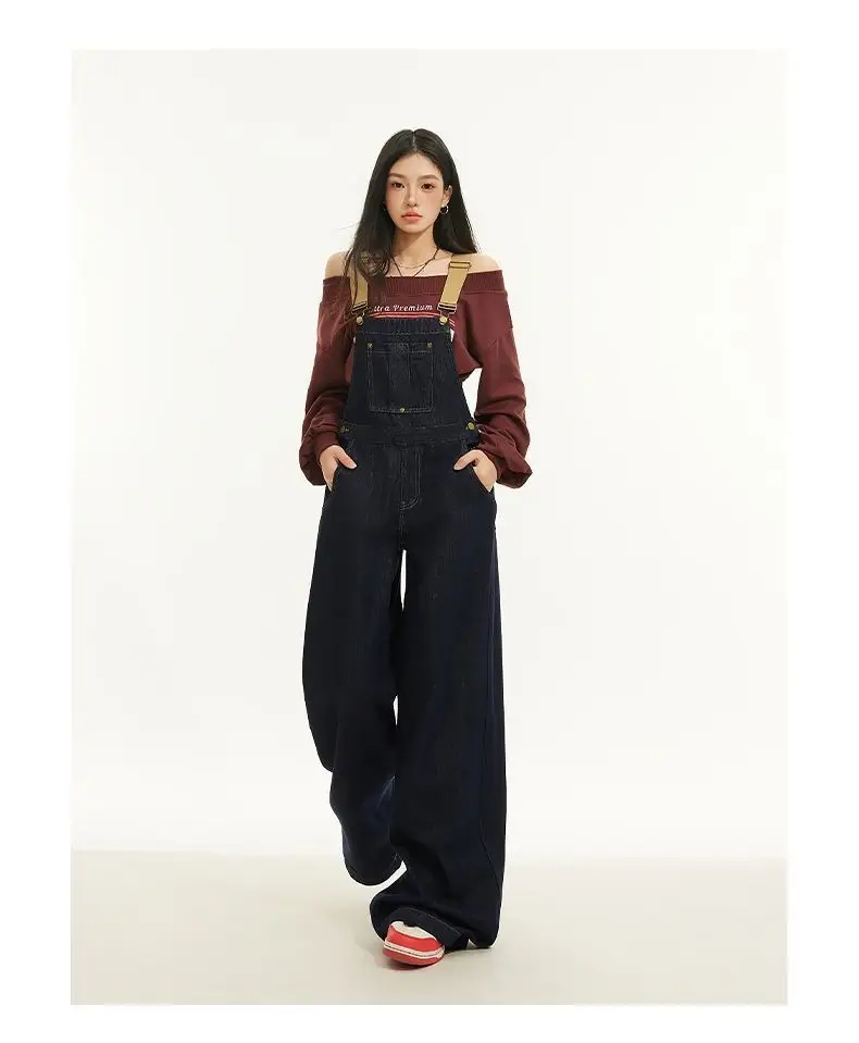 Amerikanische Retro-Denim-Overalls für Frauen im Frühling und Sommer, neue, altersreduzierende, schlankmachende, lockere Hose mit weitem Bein und hoher Taille