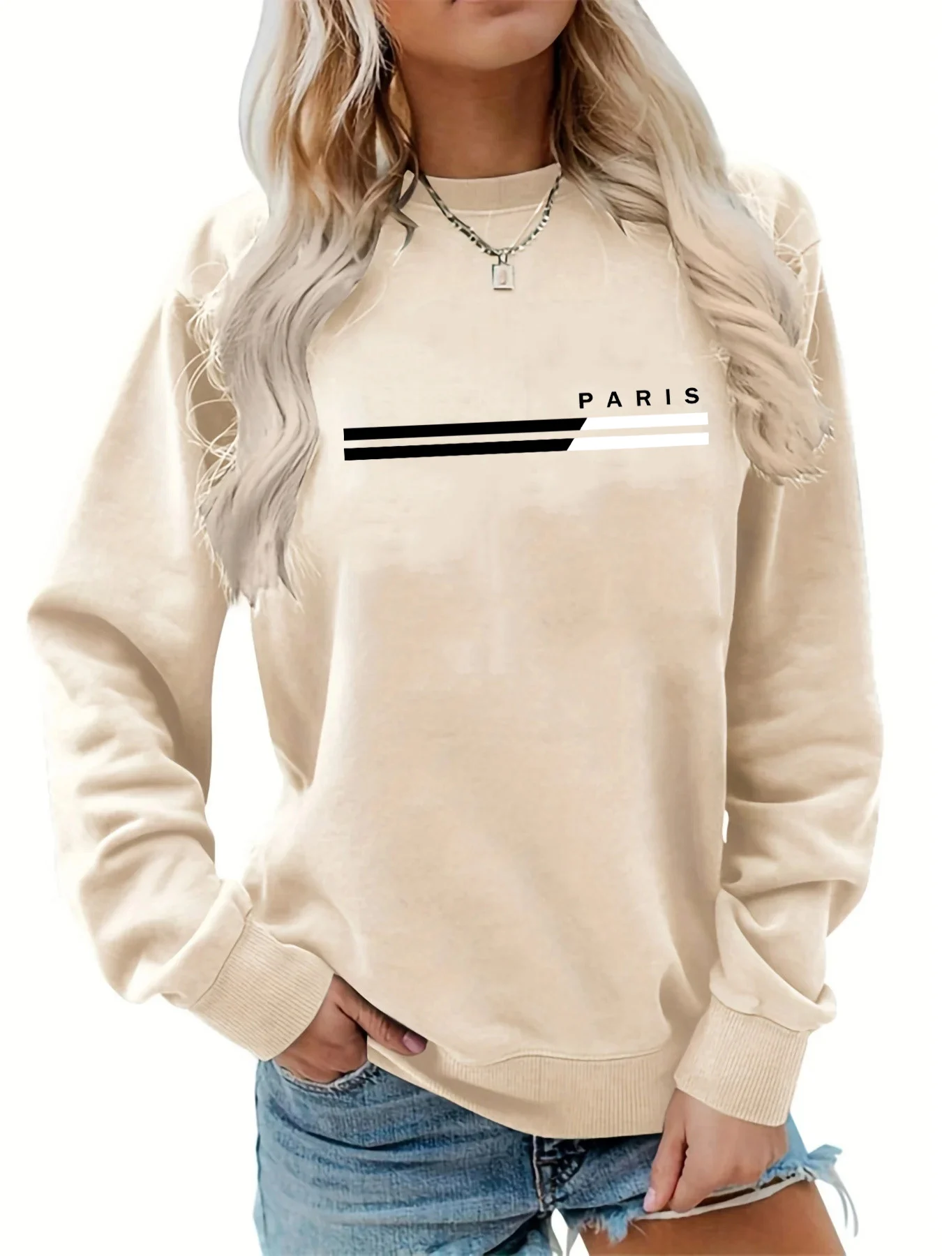 Women's autumn and winter casual, fashionable, loose, comfortable, warm, Paris pattern printed round neck long sleeved pullover