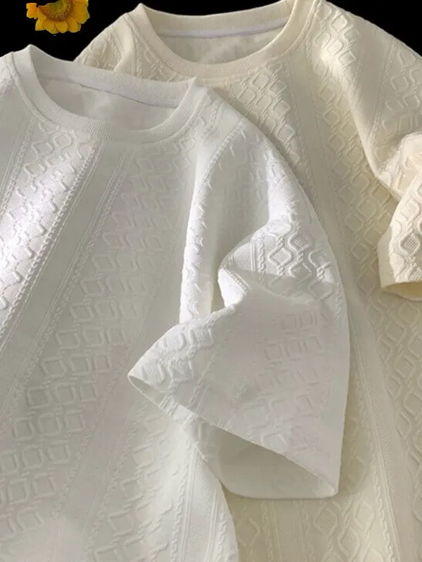 

Loose Fit Textured Print T-irt Men's Summer Hong Kong Sle Design ort Sve Heavyweight round Ne Five Sve