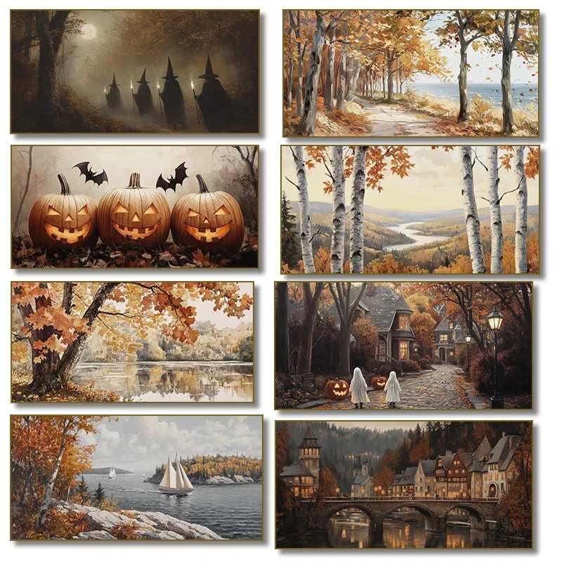 1pc frameless Canvas Painting Halloween Autumn Pumpkins Ghost Reading Maple Tree Village Landscape Poster Canvas Painting Print