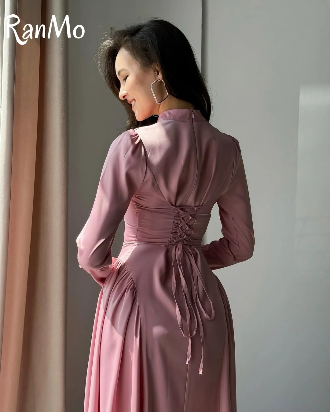 Ranmo Elegant Arabic Evening Dress Pink Chiffon Mermaid High Neck Pleats Long Sleeves Customized Prom Wedding Gown Party Dress