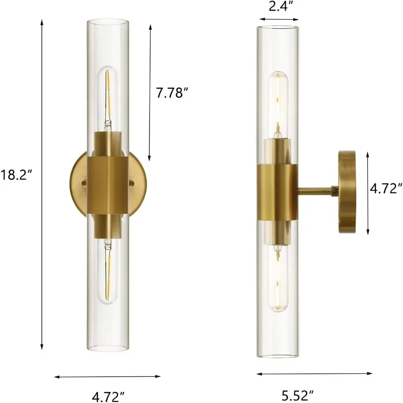 Lâmpada de parede industrial para espelho, Vanity Light Fixtures, Modern Wall Sconce, Sombra de vidro transparente, 2-luzes Mid Century Wall Light