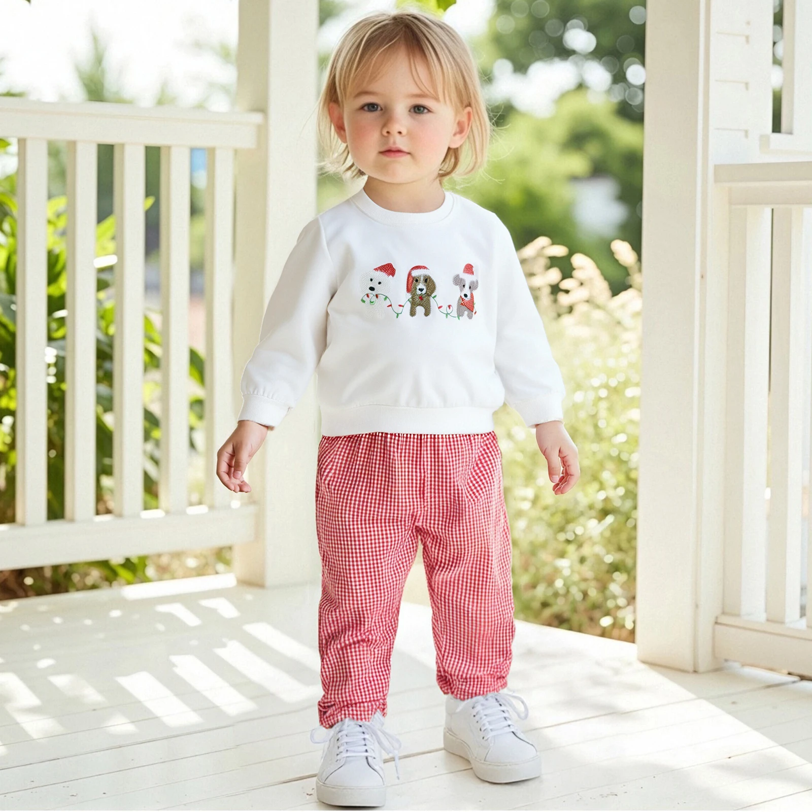 طفل صغير صبي عيد الميلاد الزي الكلب المطرزة طويلة الأكمام البلوز منقوشة مرونة الخصر السراويل 2 قطعة مجموعة