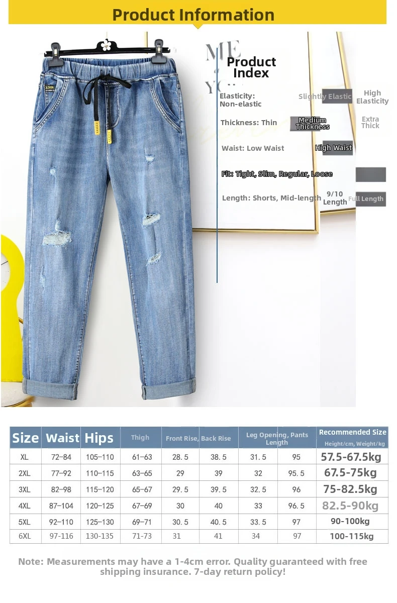 Hoge taille dunne gescheurde jeans voor grote maten dames stretch mollig meisje bijgesneden broek grote legging herfststijl