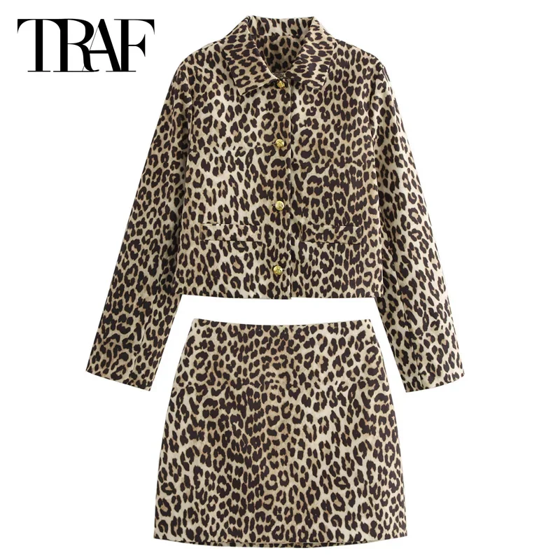 

TRAF Women's Two Pieces Set Leopard Skirt Set Crop Long Sleeve Jacket Sets Elegant Women's Sets Mini High Waist Skirt Set Outfit