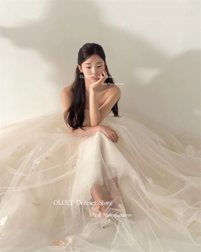 OLOEY Fairy Korea A Line Wedding Dresses Strapless Soft Tulle Flowers Corset Back Bridal Gowns Formal Evening Dress 2024