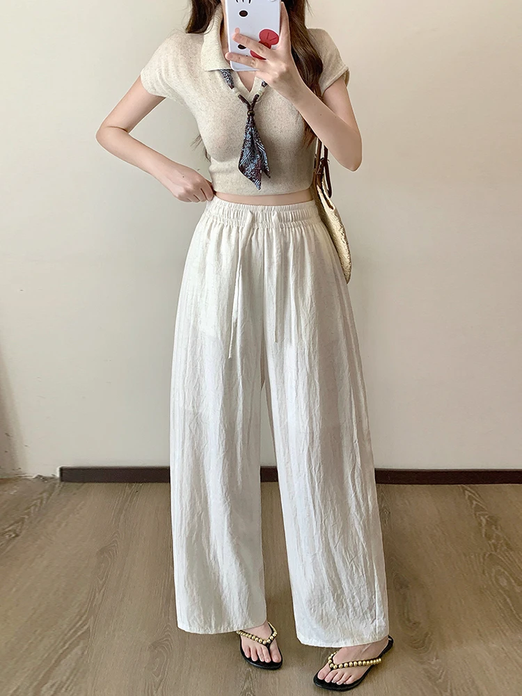 

High Waist Loose Fit Drawstring Korean Style Lazy Fashion Summer New Casual Pants plus Size Women Slimming Design Nine Points